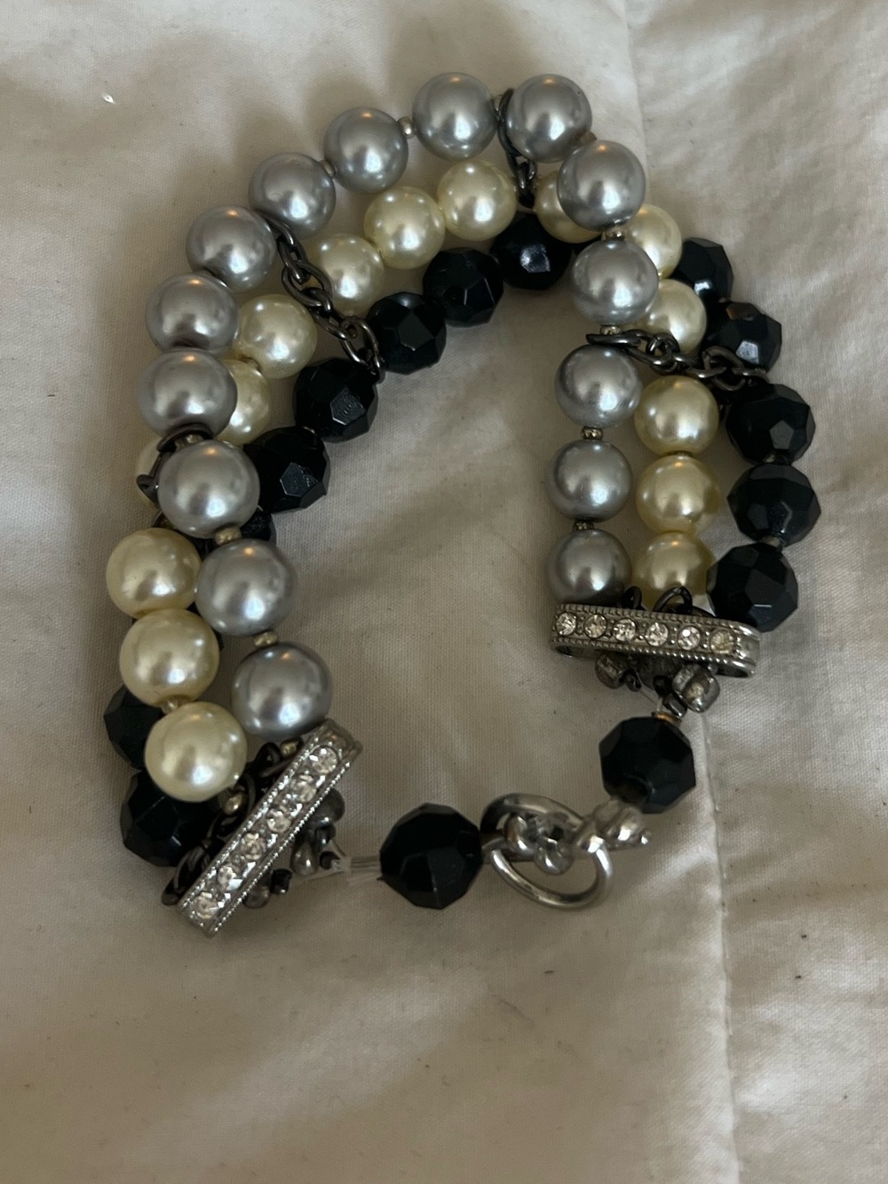 Handmade Triple-Row Pearl & Black Bead Bracelet with Crystal Accents